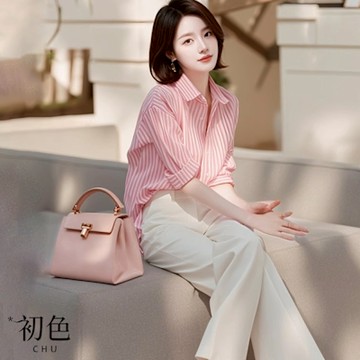 初色 法條紋襯衫上衣女上衣+九分休閒褲寬褲長褲兩件式套裝-共2色-10777(M-XL可選)