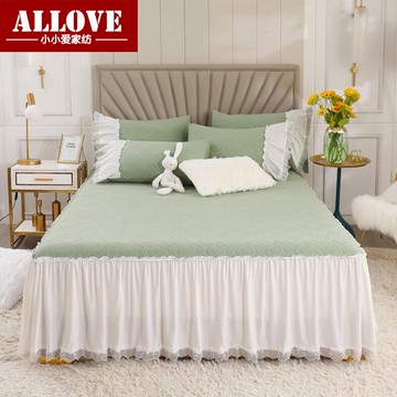 天竺針織棉乳膠絎縫床裙三件套加厚夾棉床罩蕾絲花邊防滑床套單件