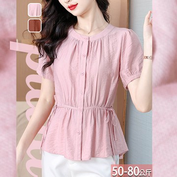 圓領純色排釦雙側繫帶壓褶襯衫(2色) L-4XL【385213X】【現+預】☆流行前線☆