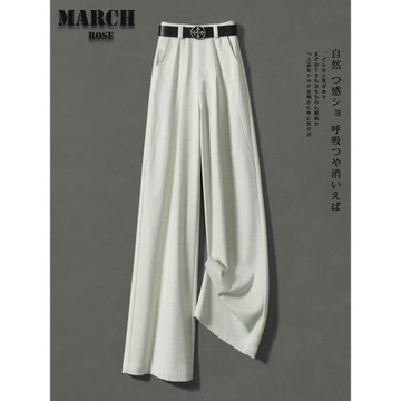 March rose/直筒西裝褲女高端春秋 高腰卡其色垂感分割式闊腿褲子