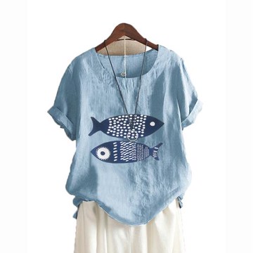 大碼女裝復古文藝魚兒Fish印花套頭寬松休閑短袖襯衫上衣潮M-5XL