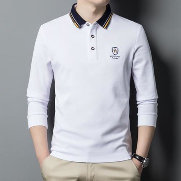 春秋季polo衫男翻領長袖t恤中青年薄款男裝寬松刺繡體恤衫爸爸裝