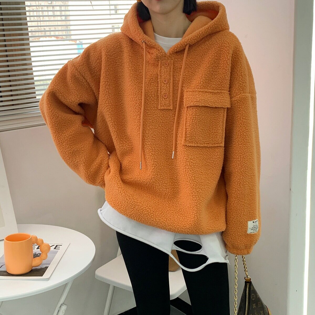 羊羔毛上衣冬季新款韓版保暖寬鬆連帽大學T帽T女外套