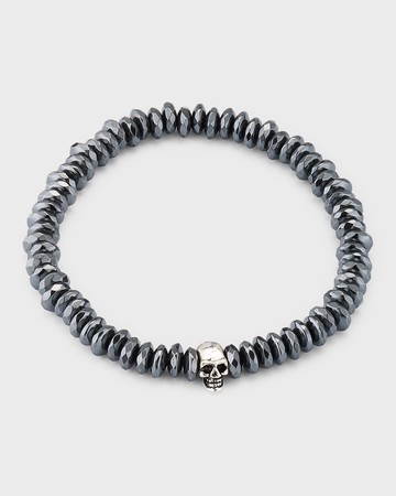 Men's Hematite Beaded Bracelet with Sterling Silver Skull