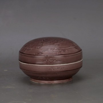 大明弘治年龍紋咖色暗刻粉盒果盒 仿古瓷器舊貨古玩家居文房擺件