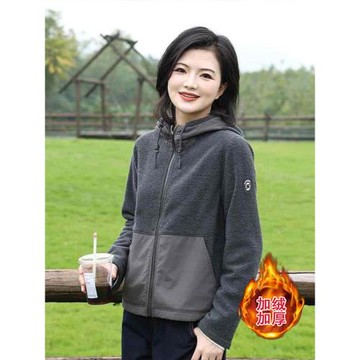 2025秋冬新款女士小個子拼色連帽搖粒絨外套短款高級感外搭上衣潮