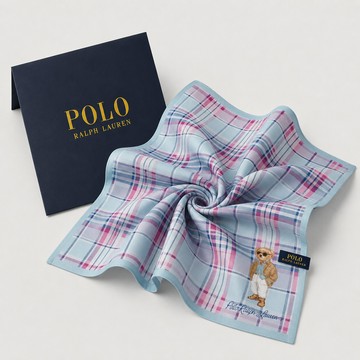 RALPH LAUREN POLO BEAR小熊粉彩格紋純棉手帕領巾(淺藍色 48×48cm 日本製 附品牌紙袋)