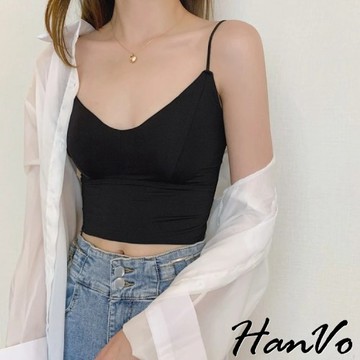 【HanVo】清涼夏日冰絲美背雙肩帶背心 附胸墊可拆 細肩帶背心小可愛 冰絲上衣 韓系女裝 女生上衣 A09-5047