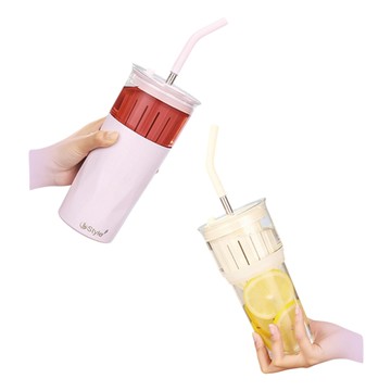 DOLEE 炫彩玻璃不鏽鋼隨行杯650ml附吸管(顏色隨機出貨) W81 超值2入組