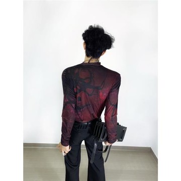 風黎谷/自制美式亞比朋克圓領打底衫無性別高級感網紗修身長袖T恤