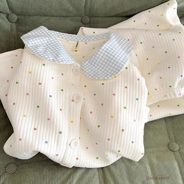 冬季新款甜美撞色領長袖加厚保暖睡衣女空氣棉夾層休閒家居服外穿長袖睡衣睡衣女套裝可愛睡衣休閒睡衣韓版睡衣
