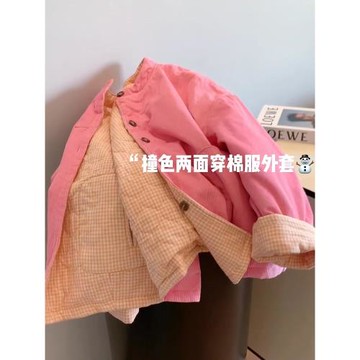 (免運)兩面穿格子粉色輕薄羽絨棉服女款開春獨特超好看短款棉衣棉襖外套