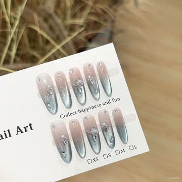 ➕最新設計款穿戴甲💅純手工穿戴甲片高級感藍色貓眼美甲片輕奢顯白假指甲貼片成品長橢圓穿戴甲 8TQR