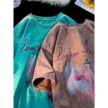 特大碼300斤短袖男款夏季美式復古水洗做舊印花260Gt恤寬松上衣男