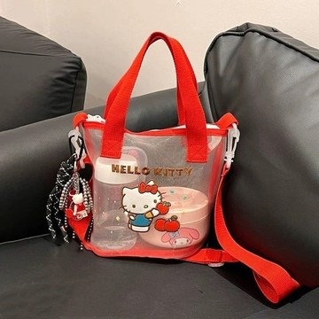 kitty網紗手提包 新款網紗手提袋韓風卡通便當包便攜大容量手拎斜挎包游泳收納包