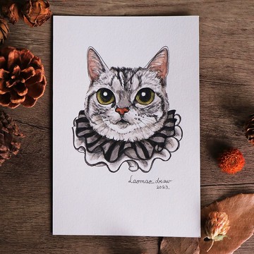 水彩插畫原畫稿 貓咪頭像 4X6 6吋 4001 銀虎斑與拉夫領