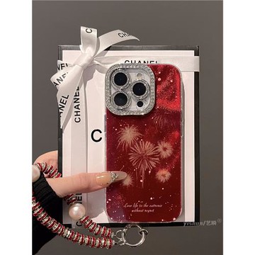 適用蘋果16ProMax手機殼新年新款iPhone17pro紅色綻放煙花14plus閃鉆鏡框13帶手鏈15高級感12pm硅膠軟p保護套