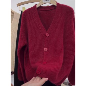 歐貨安哥拉紅V領針織開衫毛衣女2025秋冬新款小眾外套單排扣上衣