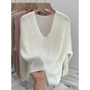 韓系慵懶馬海毛針織衫女秋設計感V領寬松軟糯毛衣高級感溫柔上衣
