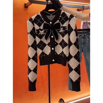 專柜同款鑲鉆小香風毛衣女時尚洋氣開衫顯瘦蝴蝶結針織上衣百搭