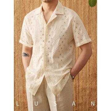 鹿三先生夏季純棉提花透氣休閑縷空短袖襯衫古巴領復古度假襯衣男