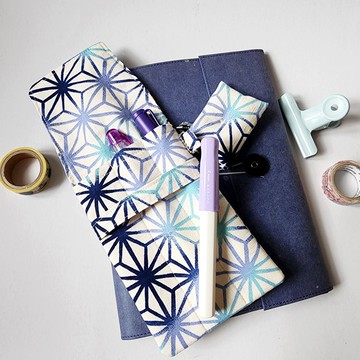 3枝裝鋼筆筆套, 和風布筆袋--藍白麻葉