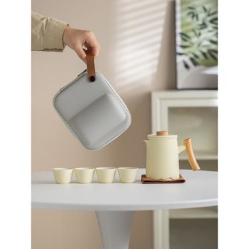 米黃釉便攜式旅行茶具套裝隨身快客杯一壺四杯戶外露營泡茶壺茶杯