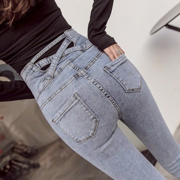 網紅高腰加絨牛仔褲女薄絨冬季新款九分韓版顯瘦顯高緊身小腳褲1入