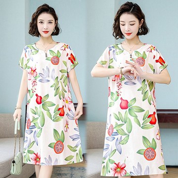 [韓國K.W.]現貨石榴花版棉稠休閒洋裝(涼感/連身裙/中長裙/長裙/輕薄/短袖)