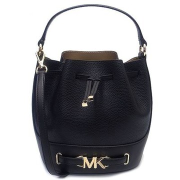 Michael Kors  新款金屬MK LOGO全皮革手提斜背兩用水桶包(黑)
