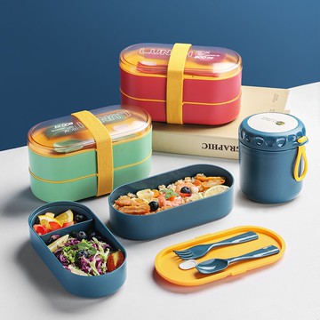 日式雙層便當飯盒上班族可微波爐加熱減脂健身分隔型輕食餐盒套裝