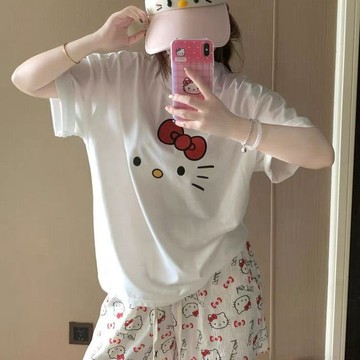 在台出貨🍀卡通Hello印花睡衣女2025年新款夏季短袖短褲家居服套裝