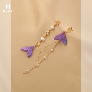 花跡魚尾耳環女夏季新款潮不對稱五角星珍珠耳墜甜美少女耳飾