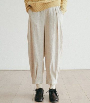 俐落有型的車褶前褲 100%亞麻 束口高腰褲 原色 200805-1