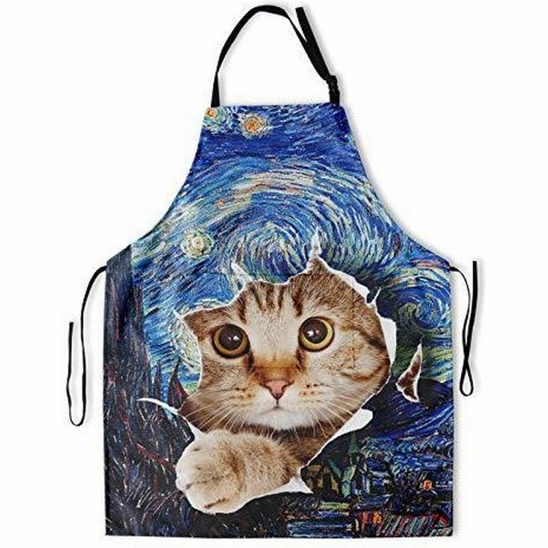 Dzglobal かわいい猫エプロン 可愛いペットと星月夜をテーマにしたアートユニセックスキッチンよだれかけ 調節可能なネック付き クッキング ガ 通販 Lineポイント最大get Lineショッピング