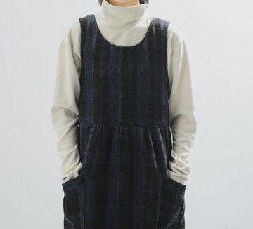 【藏青格紋】法式復古/羊毛混紡/背心連衣裙