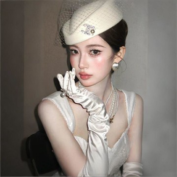 山茶花同款寫真手套 緞面新娘禮服 結婚白色法式高級感赫本風DEFX