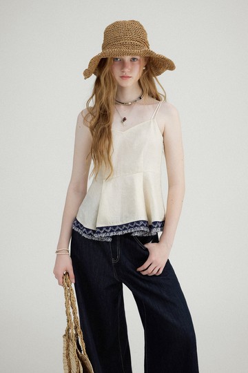 夏季島嶼 亞麻A字下擺流蘇背心 白/紅