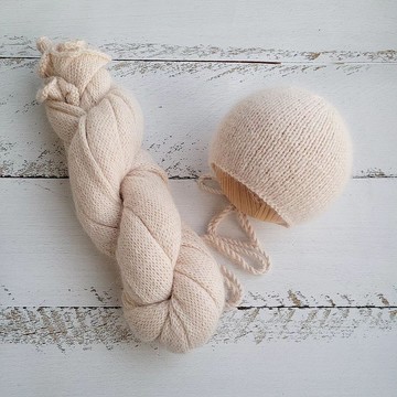 奶油色蓬鬆新生兒帽，帶包裹、針織拍照道具