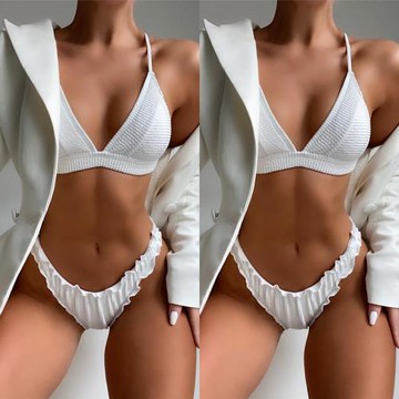 2021歐美女士分體泳衣坑條純色性感沙灘度假溫泉三角bikini泳裝