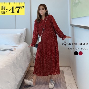 可愛綁帶領口腰間繫帶百褶點點雪紡長袖過膝長洋裝(黑.紅L-3L) 眼圈熊 中大尺碼 A423