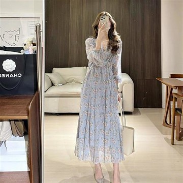 【米蘭精品】連身裙長袖洋裝-早春法式碎花收腰女裙子74km73