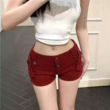 🚀台灣出貨虧本衝評🚀日本🇯🇵 紅色辣妹牛仔短褲女夏季設計感美式低腰褲子小個子緊身包臀熱褲