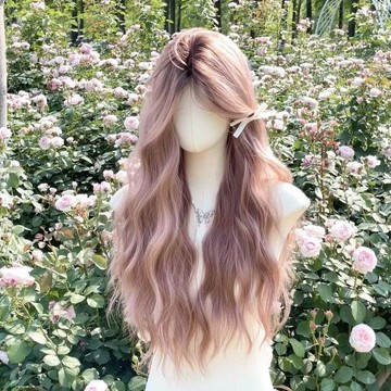粉色長髮假髮🔮中分八字劉海 灰粉色水波紋微捲 甜美日常全頭套 女生假髮 灰粉長捲髮型 中分水波紋造型 水波紋捲髮假髮