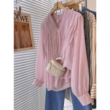 韓系溫柔風粉色寬松壓褶襯衫女春秋法式高級感超好看V領雪紡襯衣