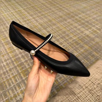 「羊皮版」早秋新款尖頭一字珍珠瑪麗珍單鞋女真皮韓版百搭小皮鞋