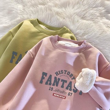 加絨圓領羊羔絨衛衣女秋冬新款韓版學生寬松保暖特厚字母長袖上衣