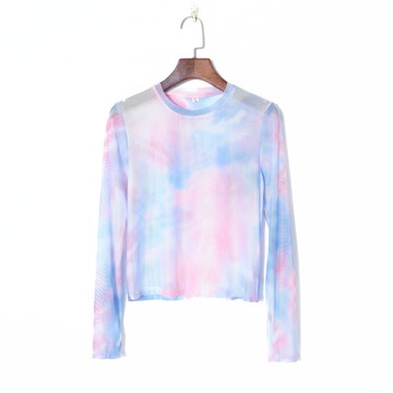 夏季女裝歐美風漸變印花圓領套頭長袖修身顯瘦網紗透視T恤