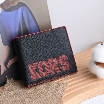 MICHAEL KORS COOPER 流線LOGO撞色八卡對開短夾(黑/紅)