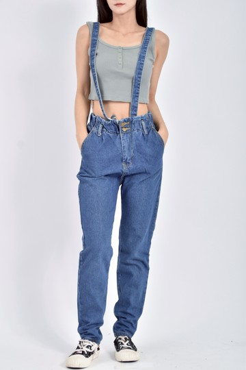 (S) 高腰吊帶丹寧牛仔可拆卸兩穿藍色長褲